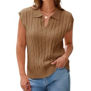 Women’s Camel Brown Cable Knit Sleeveless Collared Sweater Size Large